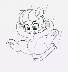 Size: 1280x1357 | Tagged: safe, artist:pabbley, derpibooru import, idw, cherry blossom (idw), pony, 30 minute art challenge, action pose, dock, featureless crotch, frog (hoof), green eyes, hoofbutt, lineart, partial color, smiling, solo, spread legs, spreading, underhoof