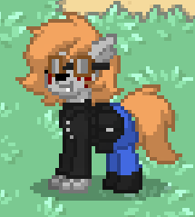 Size: 215x239 | Tagged: safe, derpibooru import, oc, oc:nightshade (furry), coyote, hybrid, pony, pony town, bag, blood, clothes, crying, fangs, furry, jacket, saddle bag, smiling, steampunk, sunglasses, tears of blood