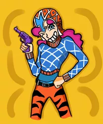 Size: 2963x3564 | Tagged: abstract background, artist:jamesfinch, derpibooru import, guido mista, gun, handgun, human, humanized, jojo's bizarre adventure, pinkie pie, revolver, safe, solo, vento aureo, weapon