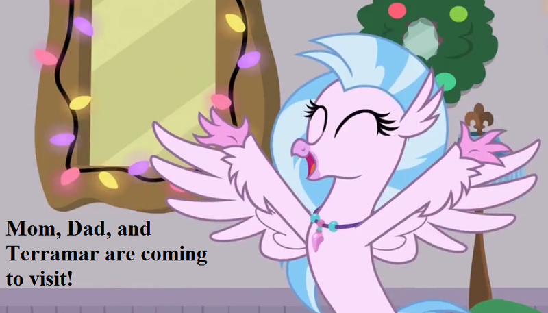 Size: 896x512 | Tagged: cropped, cute, derpibooru import, diastreamies, edit, edited screencap, excited, eyes closed, happy, hearth's warming lights, implied ocean flow, implied sky beak, implied terramar, jewelry, mirror, necklace, safe, screencap, silverstream, spoiler:s08, spread arms, spread wings, text, the hearth's warming club, wings, wreath