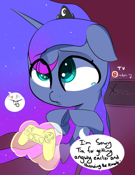Size: 2975x3850 | Tagged: safe, artist:a8f12, derpibooru import, princess celestia, princess luna, alicorn, pony, angry, controller, cross-popping veins, dualshock controller, duo, duo female, female, filly, filly luna, glowing horn, horn, magic, offscreen character, playstation, telekinesis, television, younger, 🅱