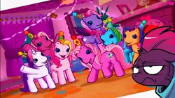 Size: 1000x563 | Tagged: safe, artist:andypriceart, derpibooru import, edit, edited screencap, editor:secrettitan, idw, screencap, cheerilee (g3), pinkie pie (g3), rainbow dash (g3), scootaloo (g3), starsong, sweetie belle (g3), tempest shadow, toola roola, pony, unicorn, my little pony: the movie, spoiler:comic67, broken horn, cheering, clock, core seven, cropped, cruel and unusual punishment, eye scar, female, g3, g3 hate, hat, horn, mare, open mouth, party, party hat, scar, solo, tempest shadow is not amused, unamused