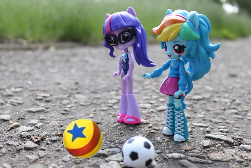 Size: 883x589 | Tagged: safe, artist:artofmagicpoland, derpibooru import, edit, rainbow dash, sci-twi, twilight sparkle, equestria girls, equestria girls series, ball, blue's clues, clothes, doll, equestria girls minis, irl, link in source, luxo ball, photo, swimsuit, toy, wondercolts uniform