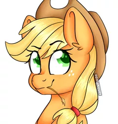 Size: 872x917 | Tagged: safe, artist:girlunicorn, derpibooru import, applejack, earth pony, pony, applejack's hat, bust, cowboy hat, female, hat, mare, portrait, simple background, solo, straw, straw in mouth, white background