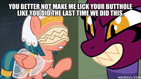 Size: 600x337 | Tagged: questionable, derpibooru import, edit, edited screencap, screencap, somnambula, sphinx (character), pegasus, pony, sphinx, daring done?, blindfold, caption, female, image macro, implied analingus, implied oral, implied sex, mare, meme, text