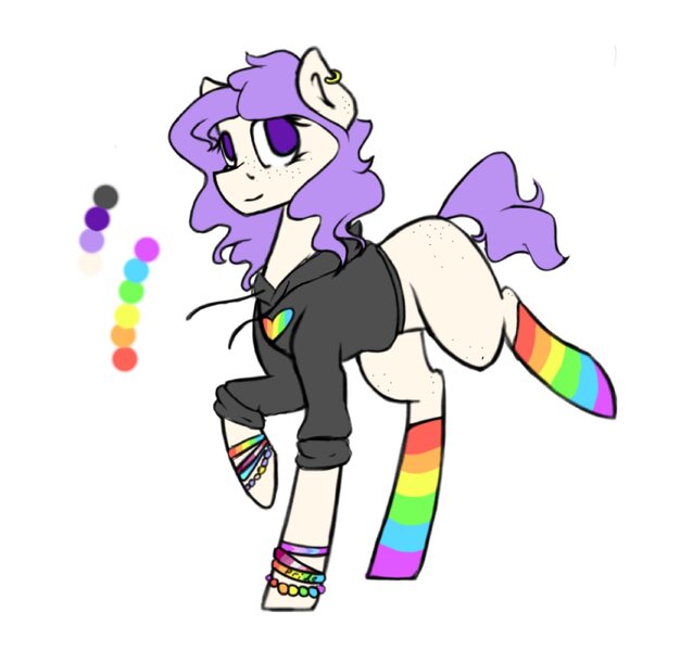 Size: 1700x1600 | Tagged: safe, artist:magicstar919, derpibooru import, oc, oc:maxie (ice1517), unofficial characters only, earth pony, pony, bracelet, clothes, ear piercing, earring, female, freckles, gay pride flag, hoodie, jewelry, lgbt, mare, piercing, pride, pride flag, rainbow socks, reference sheet, simple background, socks, solo, striped socks, white background, wristband