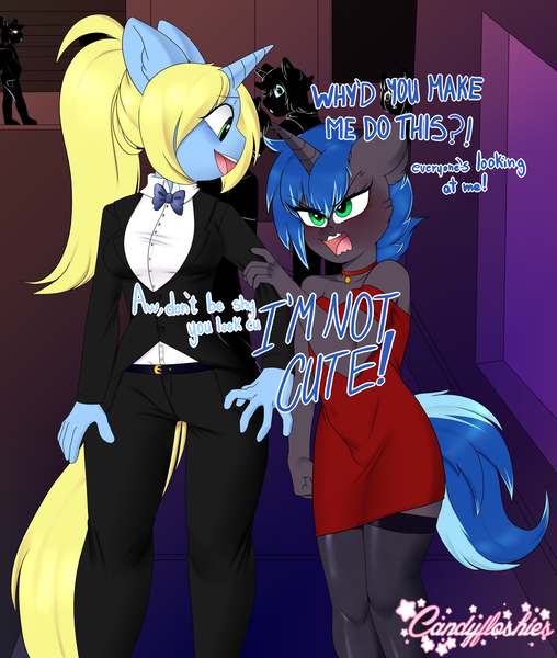 Size: 1906x2250 | Tagged: suggestive, artist:kei kun, derpibooru import, oc, oc:art's desire, oc:lock down, unofficial characters only, anthro, unicorn, angry, bowtie, breasts, choker, clothes, crossdressing, dialogue, dress, female, femboy, height difference, i'm not cute, male, red dress, size difference, smaller male, socks, stockings, street, suit, thigh highs, tsundere