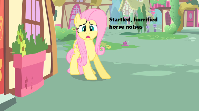 Size: 1280x720 | Tagged: derpibooru import, descriptive noise, edit, edited screencap, fluttershy, green isn't your color, horrified, horse noises, oh crap, oh crap face, open mouth, ponyville, safe, scared, screencap, season 1, solo, startled, text