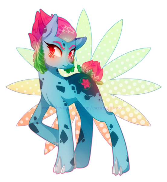 Size: 963x1045 | Tagged: safe, artist:caramelflower, derpibooru import, ponified, earth pony, ivysaur, pony, female, looking at you, mare, pokémon, simple background, solo, transparent background