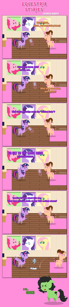 Size: 1205x5346 | Tagged: safe, artist:estories, derpibooru import, fluttershy, pinkie pie, rarity, twilight sparkle, twilight sparkle (alicorn), oc, oc:anonfilly, oc:pink rose, oc:think pink, alicorn, pony, unicorn, ><, comic, eyes closed, female, filly, magic, mare, microphone, pointy ponies, pun, rule 63