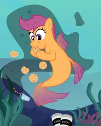 Size: 4796x6000 | Tagged: safe, artist:sollace, derpibooru import, scootaloo, pony, seapony (g4), absurd resolution, chocolate, chocolate milk, cookie, crumbs, food, milk, seaponified, seapony scootaloo, solo, species swap, underwater, vector