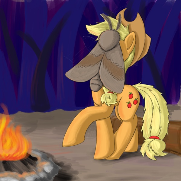 Size: 1902x1906 | Tagged: safe, artist:otakuap, derpibooru import, applejack, oc, oc:fluffy the bringer of darkness, earth pony, giant moth, insect, moth, pony, sleepless in ponyville, animal, applejack's hat, campfire, cowboy hat, facemoth, female, giant insect, hat, mare, messy mane, raised hoof, solo, wat