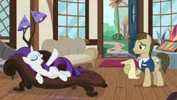 Size: 1280x720 | Tagged: safe, derpibooru import, screencap, davenport, rarity, pony, unicorn, it isn't the mane thing about you, fainting couch, female, lamp, mare, quills and sofas, reclining, scroll