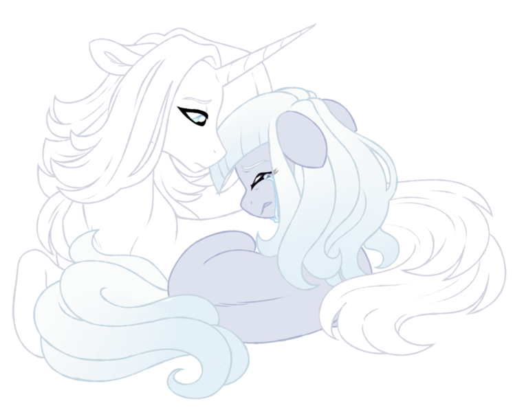 Size: 1024x820 | Tagged: safe, artist:azure-art-wave, derpibooru import, oc, oc:mademoiselle d'hiver, oc:picture perfect, unofficial characters only, earth pony, pony, unicorn, crying, female, magical lesbian spawn, mare, offspring, parent:photo finish, parent:zesty gourmand, parents:zestyfinish, prone, simple background, transparent background
