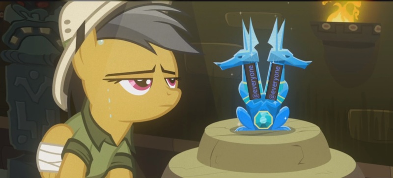 Size: 1480x670 | Tagged: safe, artist:tarsus, derpibooru import, edit, edited screencap, screencap, daring do, pegasus, pony, read it and weep, @everyone, bandage, bandaged wing, clothes, discord (program), female, frown, glare, hat, injured, injured wing, lidded eyes, mare, sapphire statue, solo, sparkles, sweat, unamused, wings