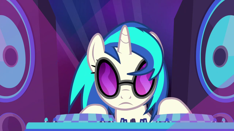 Size: 1280x720 | Tagged: derpibooru import, fake it 'til you make it, frown, looking at you, safe, screencap, solo, speakers, sunglasses, turntable, vinyl scratch