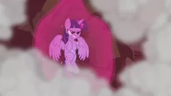 Size: 1280x720 | Tagged: alicorn, angry, derpibooru import, determined, dust cloud, force field, magic, magic aura, mountain, safe, screencap, shit just got real, solo, twilight's kingdom, twilight sparkle, twilight sparkle (alicorn), wings