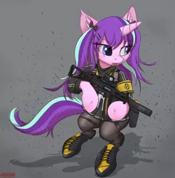 Size: 1830x1857 | Tagged: safe, artist:orang111, derpibooru import, starlight glimmer, pony, unicorn, alternate hairstyle, armband, bipedal, boots, clothes, digital art, eotech, female, girl's frontline, gun, hair ribbon, heckler and koch, mare, pantyhose, pleated skirt, shadow, shoes, signature, skirt, solo, submachinegun, suppressor, ump, ump9, weapon