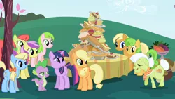 Size: 1280x720 | Tagged: safe, derpibooru import, screencap, apple cider (character), apple cobbler, applejack, granny smith, lavender fritter, peachy sweet, perfect pie, red gala, spike, twilight sparkle, dragon, earth pony, pony, unicorn, friendship is magic, apple, apple family member, apple fritter (food), apple pie, aweeg*, background pony, bow, cake, candy apple (food), cupcake, elderly, female, food, hair bow, male, mare, pie, puffy cheeks, table, unicorn twilight