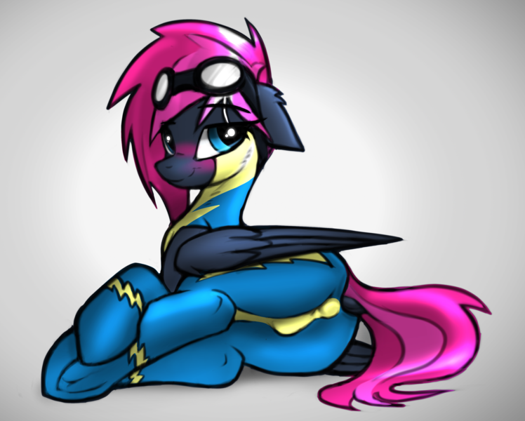 Size: 3300x2647 | Tagged: questionable, artist:fenixdust, derpibooru import, oc, oc:lare, oc:neon flare, pegasus, pony, anus cameltoe, blushing, cameltoe, clothes, dock, female, frog (hoof), goggles, mare, solo, underhoof, uniform, wonderbolts uniform