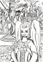 Size: 1644x2336 | Tagged: anthro, apple, artist:witkacy1994, conflux, crossover, derpibooru import, food, heroes of might and magic, heroes of might and magic 3, magic, monochrome, pegasus, pie, safe, soarin', solo, traditional art