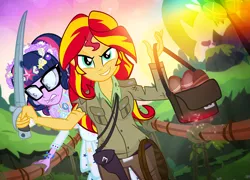 Size: 1000x720 | Tagged: safe, artist:pixelkitties, derpibooru import, sci-twi, sunset shimmer, twilight sparkle, equestria girls, >:d, bag, bridge, evil grin, grin, gun, holster, indiana jones, indiana jones and the temple of doom, injured, looking at you, purse, rope bridge, sable, sankara stones, smiling, smirk, sword, weapon, whip