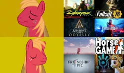 Size: 1290x756 | Tagged: safe, derpibooru import, big macintosh, pony, ambient.prologue, ambient.white, assassin's creed, assassin's creed odyssey, battlefield 5, cyberpunk 2077, drake, exploitable meme, fallout, fallout 76, friendship is epic, horse game, hotline bling, meme, nia : path of light, simple background, yellow background