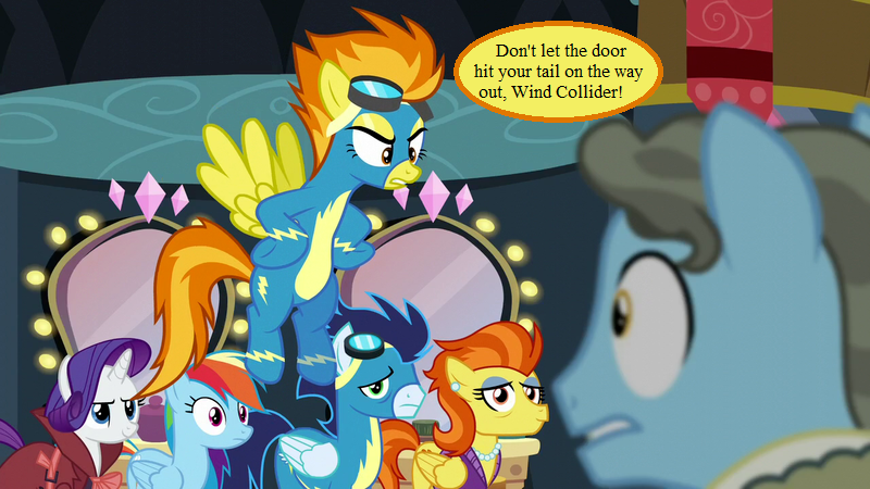 Size: 800x450 | Tagged: angry, clothes, derpibooru import, edit, edited screencap, fired, goggles, laser-guided karma, mirror, rainbow dash, rarity, rarity investigates, safe, screencap, soarin', speech bubble, spitfire, stormy flare, text, uniform, wind rider, wonderbolts uniform