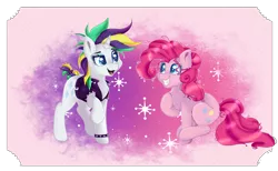 Size: 2636x1621 | Tagged: safe, artist:sinalaa, derpibooru import, pinkie pie, rarity, pony, it isn't the mane thing about you, abstract background, alternate hairstyle, couple, cute, eyelashes, female, glow, happy, lesbian, looking at each other, mare, punk, raised hoof, raripie, raripunk, shipping, smiling