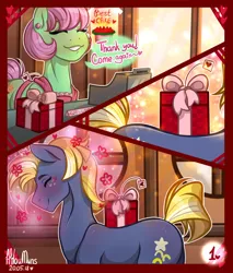 Size: 1280x1501 | Tagged: safe, artist:hiloumuns, derpibooru import, star tracker, twilight sparkle, pony, comic:twitracker valentine's day, blushing, building, cake, cash register, comic, dialogue, female, food, hearts and hooves day, holiday, male, present, shipping, shop, straight, twitracker, valentine's day