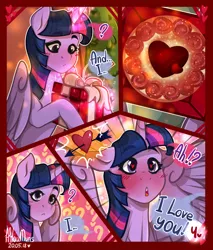 Size: 1280x1501 | Tagged: safe, artist:hiloumuns, derpibooru import, star tracker, twilight sparkle, twilight sparkle (alicorn), alicorn, earth pony, pony, comic:twitracker valentine's day, abstract background, arrow, arrow through heart, blushing, building, cake, comic, confession of love, dialogue, female, food, golden oaks library, heart, heart eyes, hearts and hooves day, holiday, male, present, shipping, straight, twitracker, valentine's day, wingding eyes