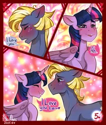 Size: 1280x1501 | Tagged: safe, artist:hiloumuns, derpibooru import, star tracker, twilight sparkle, twilight sparkle (alicorn), alicorn, earth pony, pony, comic:twitracker valentine's day, abstract background, blushing, comic, confession of love, crying, dialogue, female, golden oaks library, heart, heart eyes, hearts and hooves day, holiday, male, shipping, straight, tears of joy, twitracker, valentine's day, wingding eyes