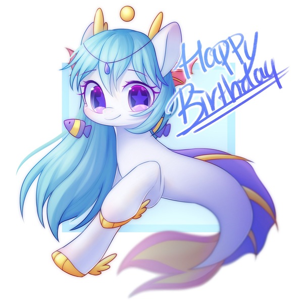 Size: 2000x2000 | Tagged: safe, artist:leafywind, derpibooru import, oc, unofficial characters only, merpony, pony, seapony (g4), abstract background, colored pupils, hairpin, happy birthday, looking at you, smiling, solo, starry eyes, wingding eyes