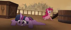 Size: 1920x804 | Tagged: airship, alicorn, derpibooru import, klugetown, my little pony: the movie, pinkie pie, safe, screencap, twilight sparkle, twilight sparkle (alicorn)