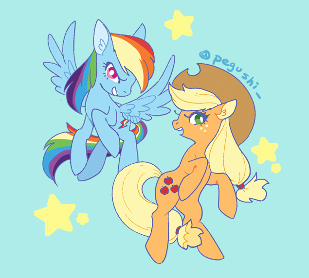 Size: 635x572 | Tagged: safe, artist:pegushi, derpibooru import, applejack, rainbow dash, pegasus, pony, applejack's hat, blue background, cowboy hat, duo, female, flying, hat, mare, simple background, stars