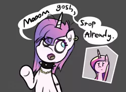 Size: 2036x1480 | Tagged: safe, artist:davierocket, derpibooru import, princess cadance, princess flurry heart, alicorn, pony, alternate mane style, choker, eyeliner, goth, it's a phase, jewelry, makeup, necklace, piercing, princess emo heart, simple background, speech bubble, spiked choker, text