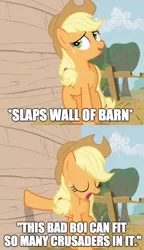 Size: 500x866 | Tagged: safe, derpibooru import, edit, edited screencap, screencap, applejack, earth pony, pony, the show stoppers, applejack's hat, caption, car salesman, cowboy hat, female, hat, image macro, mare, meme, open mouth, slaps roof of car meme, solo, text