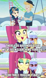 Size: 917x1536 | Tagged: safe, derpibooru import, edit, edited screencap, screencap, gold rush (character), indigo zap, sour sweet, sugarcoat, dance magic, equestria girls, equestria girls series, rollercoaster of friendship, spoiler:eqg specials, background human, bipolar, cameo, caption, crystal prep shadowbolts, image macro, jealous, meme, reunion, text, two-face sour sweet