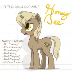 Size: 1200x1200 | Tagged: safe, artist:swegmeiser, derpibooru import, oc, oc:honey bee, unofficial characters only, bee, insect, pony, it's hip to fuck bees, profile, reference sheet, solo, vulgar