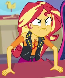 Size: 409x487 | Tagged: safe, derpibooru import, screencap, sci-twi, sunset shimmer, twilight sparkle, equestria girls, equestria girls series, rollercoaster of friendship, :c, >:c, angry, cropped, female, frown, solo focus