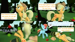 Size: 3840x2160 | Tagged: safe, artist:red4567, derpibooru import, applejack, rainbow dash, pony, 3d, apple, basket, comic, food, loss (meme), of, silly, silly pony, singing, song reference, source filmmaker, tripping, who's a silly pony