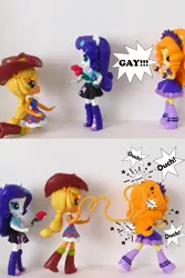 Size: 791x1183 | Tagged: safe, artist:whatthehell!?, derpibooru import, edit, adagio dazzle, applejack, rarity, equestria girls, boots, clothes, doll, dress, equestria girls minis, eqventures of the minis, female, flower, hat, homophobia, irl, lesbian, photo, rarijack, rose, shipping, shoes, skirt, toy, whip