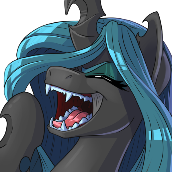 Size: 900x900 | Tagged: artist:pusspuss, bust, changeling, changeling queen, derpibooru import, eyes closed, fangs, female, laughing, noblewoman's laugh, open mouth, patreon, patreon logo, portrait, queen chrysalis, reaction image, safe, simple background, smiling, solo, transparent background