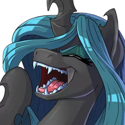 Size: 900x900 | Tagged: artist:pusspuss, bust, changeling, changeling queen, derpibooru import, eyes closed, fangs, female, laughing, noblewoman's laugh, open mouth, patreon, patreon logo, portrait, queen chrysalis, reaction image, safe, simple background, smiling, solo, transparent background