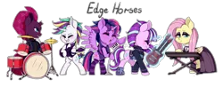 Size: 2048x800 | Tagged: safe, artist:seishinann, derpibooru import, fluttershy, rarity, starlight glimmer, tempest shadow, twilight sparkle, twilight sparkle (alicorn), alicorn, pegasus, pony, unicorn, it isn't the mane thing about you, alternate hairstyle, broken horn, chibi, clothes, drums, fluttergoth, guitar, guitarity, horn, keyboard, magic, microphone, musical instrument, punk, punklight sparkle, raripunk, simple background, socks, striped socks, telekinesis, transparent background