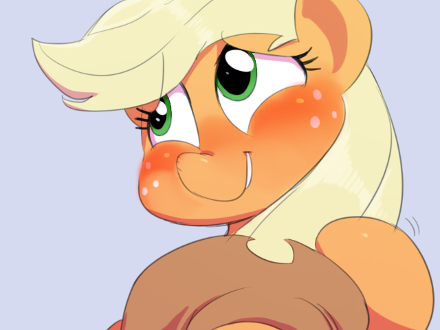 Size: 640x480 | Tagged: safe, artist:sunibee, derpibooru import, applejack, earth pony, pony, applejack's hat, blushing, cowboy hat, fanning, female, freckles, hat, mare, shy, shy smile, simple background, smiling, solo