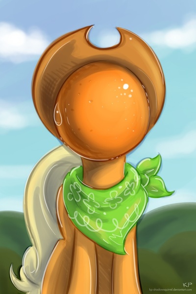 Size: 600x900 | Tagged: applejack, artist:kp-shadowsquirrel, derpibooru import, fine art parody, food, orange, orangejack, rené magritte, safe, solo, sweat, the son of man