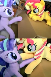 Size: 1024x1531 | Tagged: safe, artist:nekokevin, derpibooru import, starlight glimmer, sunset shimmer, pony, unicorn, series:nekokevin's glimmy, boop, box, cute, duo, female, glimmerbetes, irl, looking at each other, lying down, mare, photo, plushie, raised hoof, shimmerbetes, sitting, smiling, underhoof