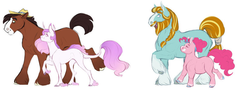 Size: 1024x394 | Tagged: safe, artist:vindhov, derpibooru import, pinkie pie, princess celestia, rockhoof, trouble shoes, earth pony, pony, unicorn, blaze (coat marking), braid, colored fetlocks, colored hooves, crack shipping, disguise, female, hoof fluff, leonine tail, long feather, male, mare, pink-mane celestia, race swap, raised hoof, rockpie, shipping, simple background, socks (coat marking), stallion, straight, troublestia, unicorn celestia, unshorn fetlocks, white background