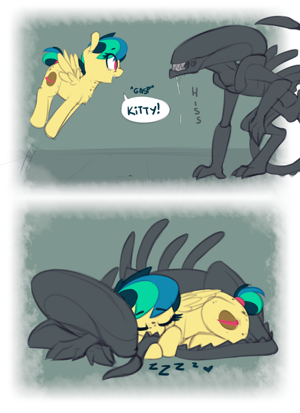 Size: 1699x2338 | Tagged: safe, artist:shinodage, derpibooru import, oc, oc:apogee, alien, pegasus, pony, xenomorph, adoracreepy, alien (franchise), bait and switch, comic, creepy, crossover, cuddling, cute, diageetes, drool, everything went better than expected, excited, eyes closed, eyes on the prize, female, filly, freckles, gasp, happy, heart, hissing, hnnng, jumping, not salmon, onomatopoeia, prone, sharp teeth, sleeping, smiling, sound effects, sweet dreams fuel, teeth, this did not end in pain, this will end in death, wat, weapons-grade cute, zzz